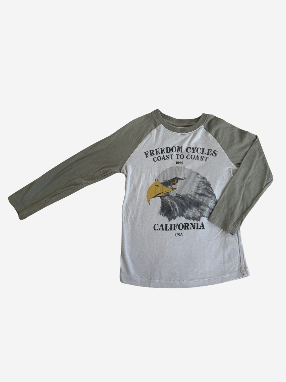 Cotton On White & Olive Raglan Long Sleeve Tee with Eagle Graphic